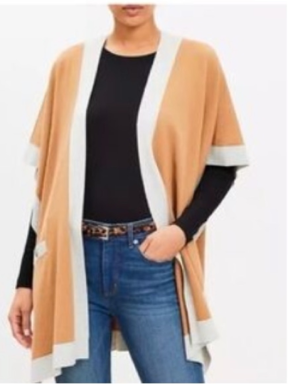 LOFT Open Front Camel Contrast Gray Trim Lightweight Poncho Wrap, Size M/ L, NWT